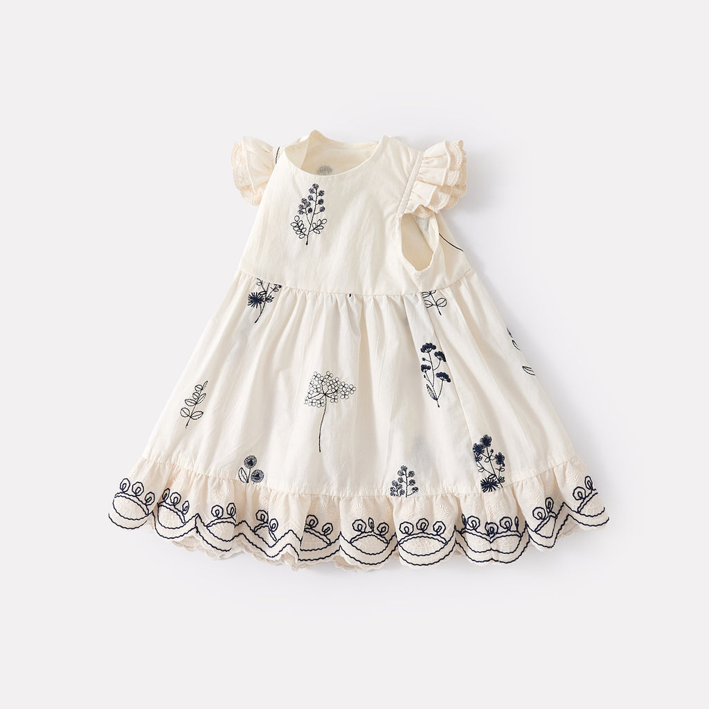 Embroidered Cotton Dress Casual Strapless Dress Baby Flutter Sleeve Princess Dress Sweet Summer Outfit