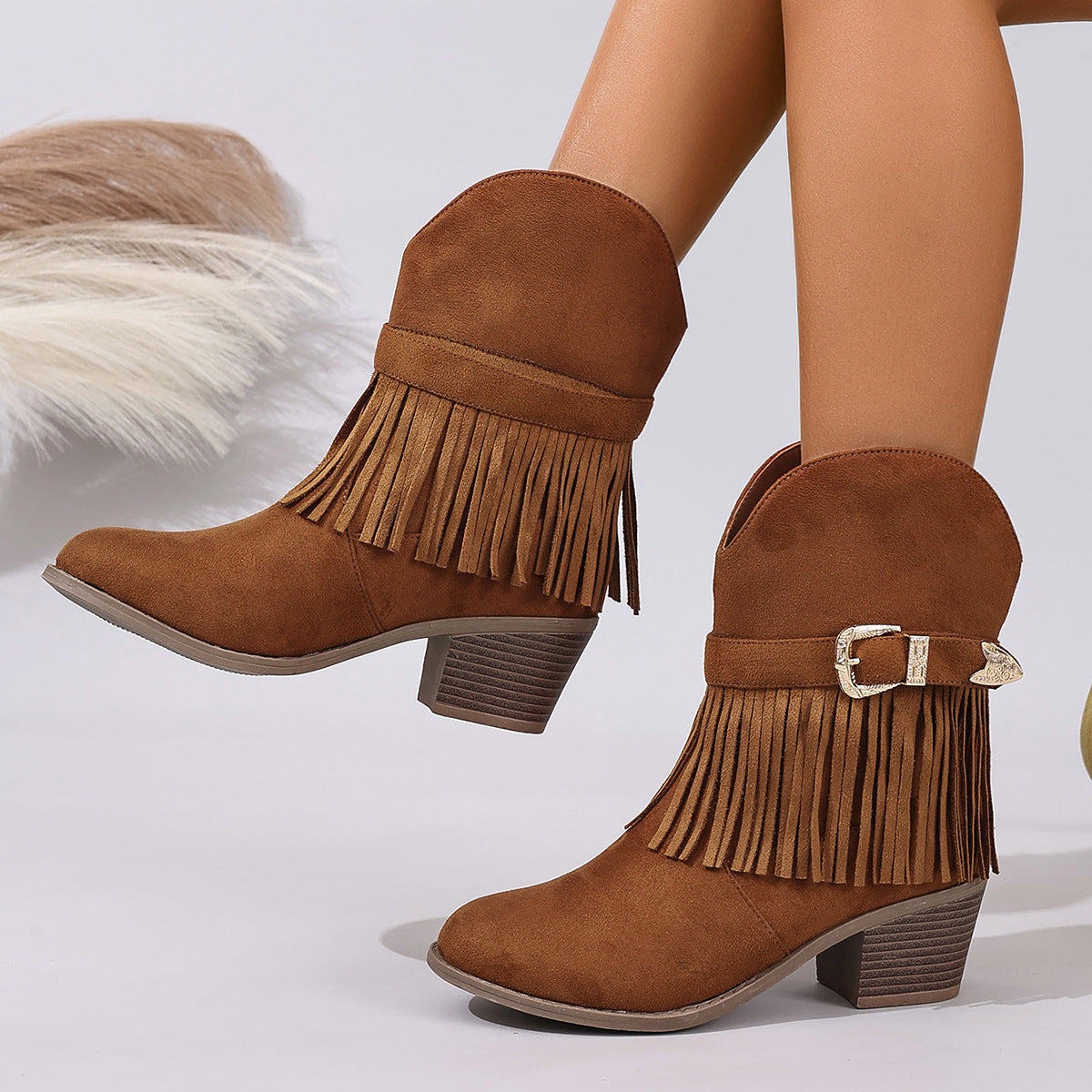 Botines Western con Flecos, Hebilla y Tacón Grueso – Mujer