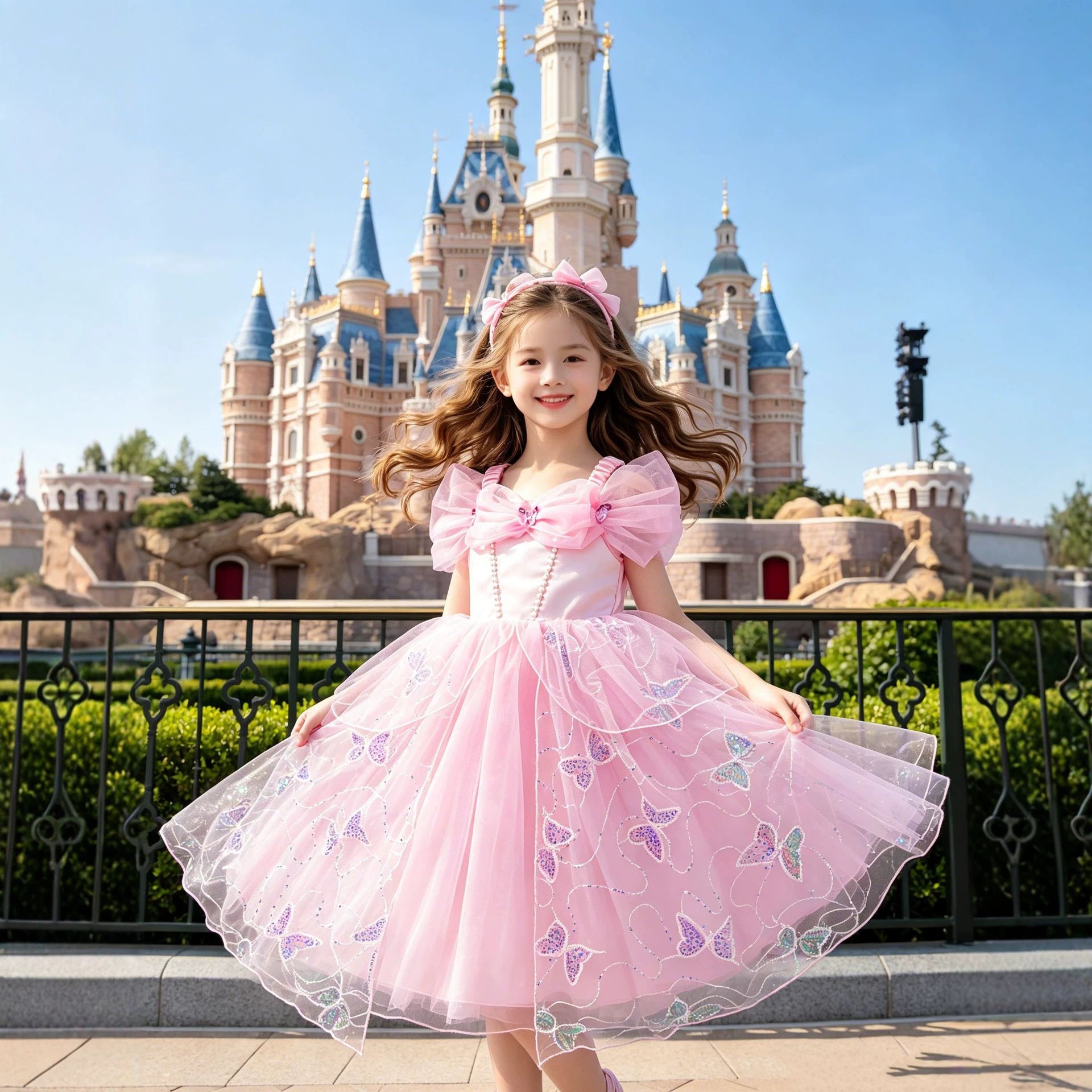 Fashionable Pink Butterfly Princess Dress for Girls, Summer Chiffon Puff Skirt, Party and Birthday Dress