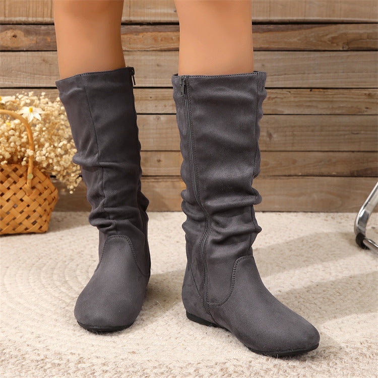 Casual Versatile Durable Comfortable Mid-Calf Boots Lightweight Pleated Side Zip Women's Leather Boots Flat Summer Boots