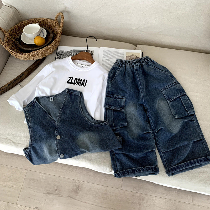 Children's vest pants denim three piece set