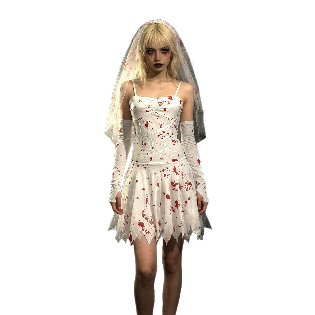 Halloween Bloody Mary Adult Horror Blood-Stained Ghost Bride Costume Gothic Blood-Splattered Zombie Ghost Wedding Dress