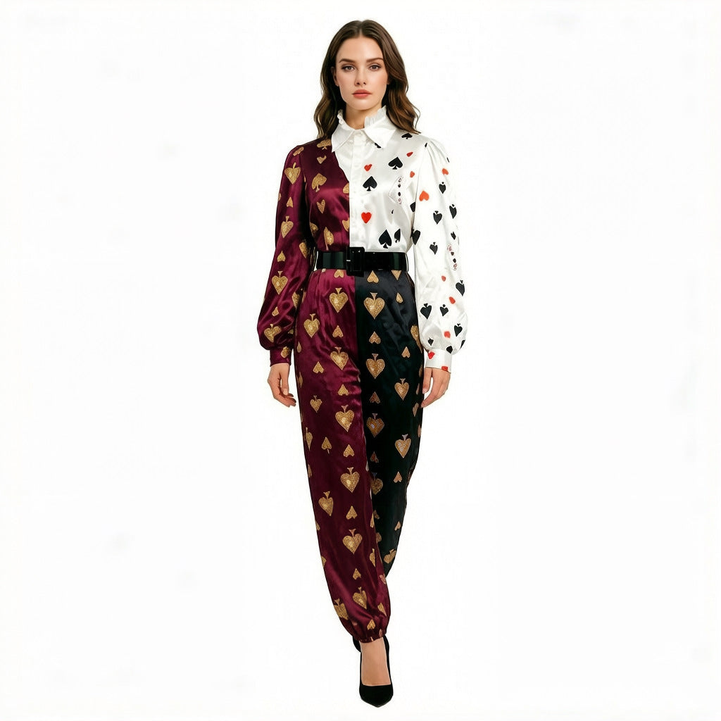 Halloween Poker Card Cosplay Color-Block Spliced Jumpsuit Casino Dealer Costume for Adults