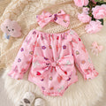 Girls' Off-Shoulder Long Sleeve Bodysuit with Heart Print and Large Bow, Princess Style Infant Outfit for Outdoor Wear