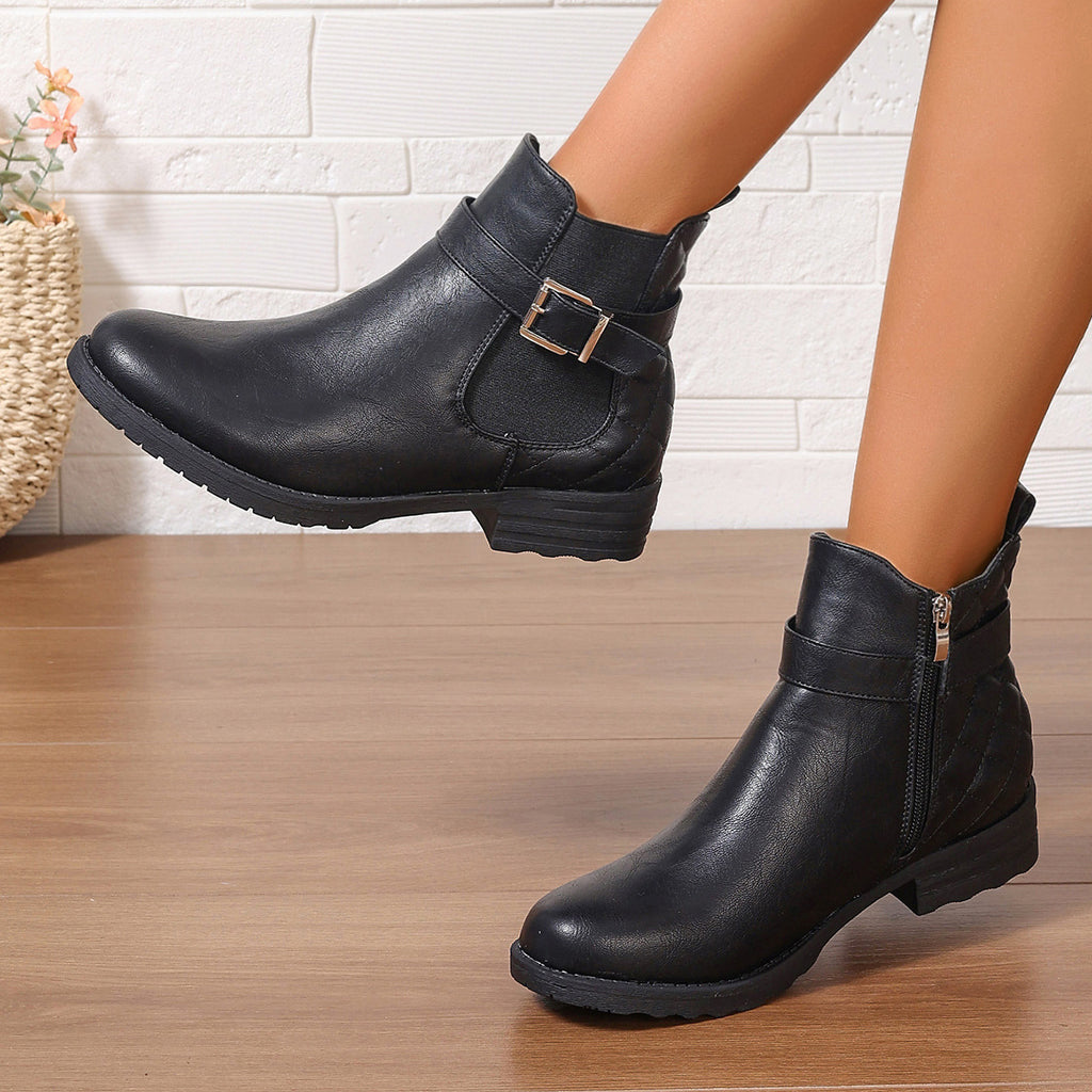 Women's Short Boots Autumn Winter Comfortable Low Heel Buckle Checkered Leather Boots