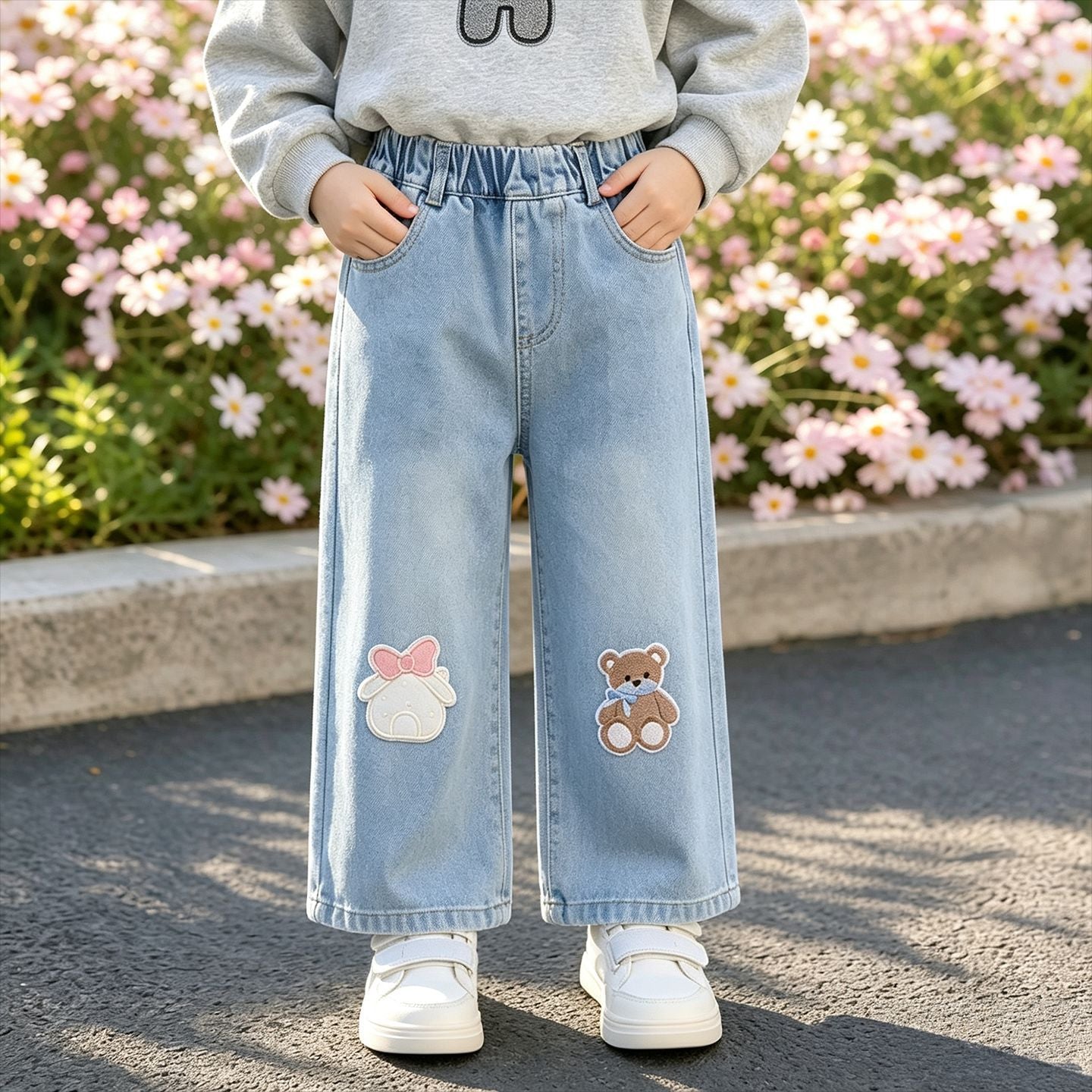 Children's Cartoon Wide Leg Jeans Girls' Straight Leg School Pants