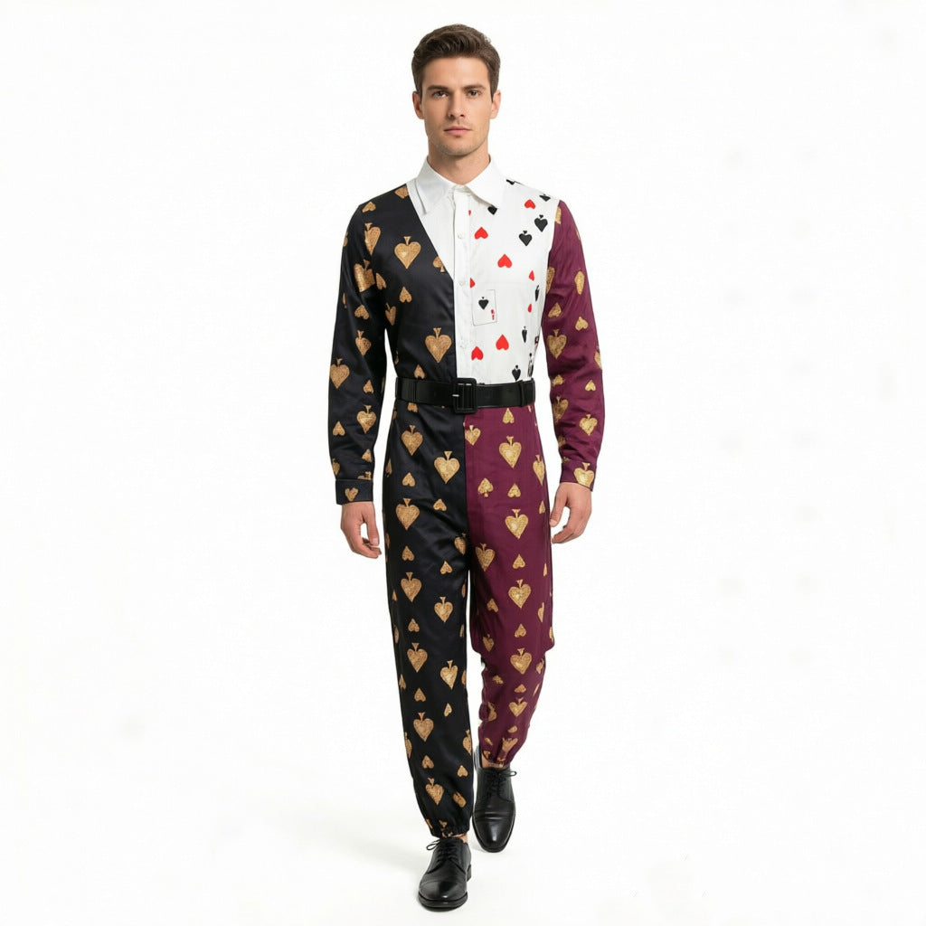 Halloween Poker Card Cosplay Color-Block Spliced Jumpsuit Casino Dealer Costume for Adults