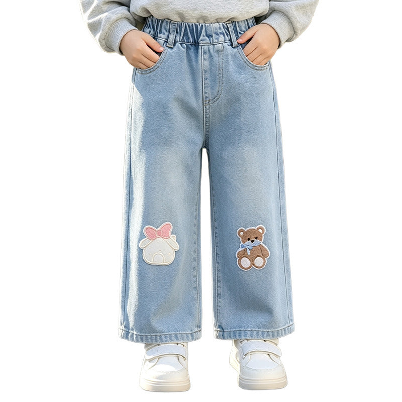 Children's Cartoon Wide Leg Jeans Girls' Straight Leg School Pants