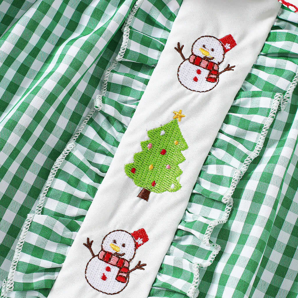 Christmas Girl's Outfit Green and White Plaid Christmas Tree Puff Sleeve Top Red Trimmed Shorts Two-Piece Set