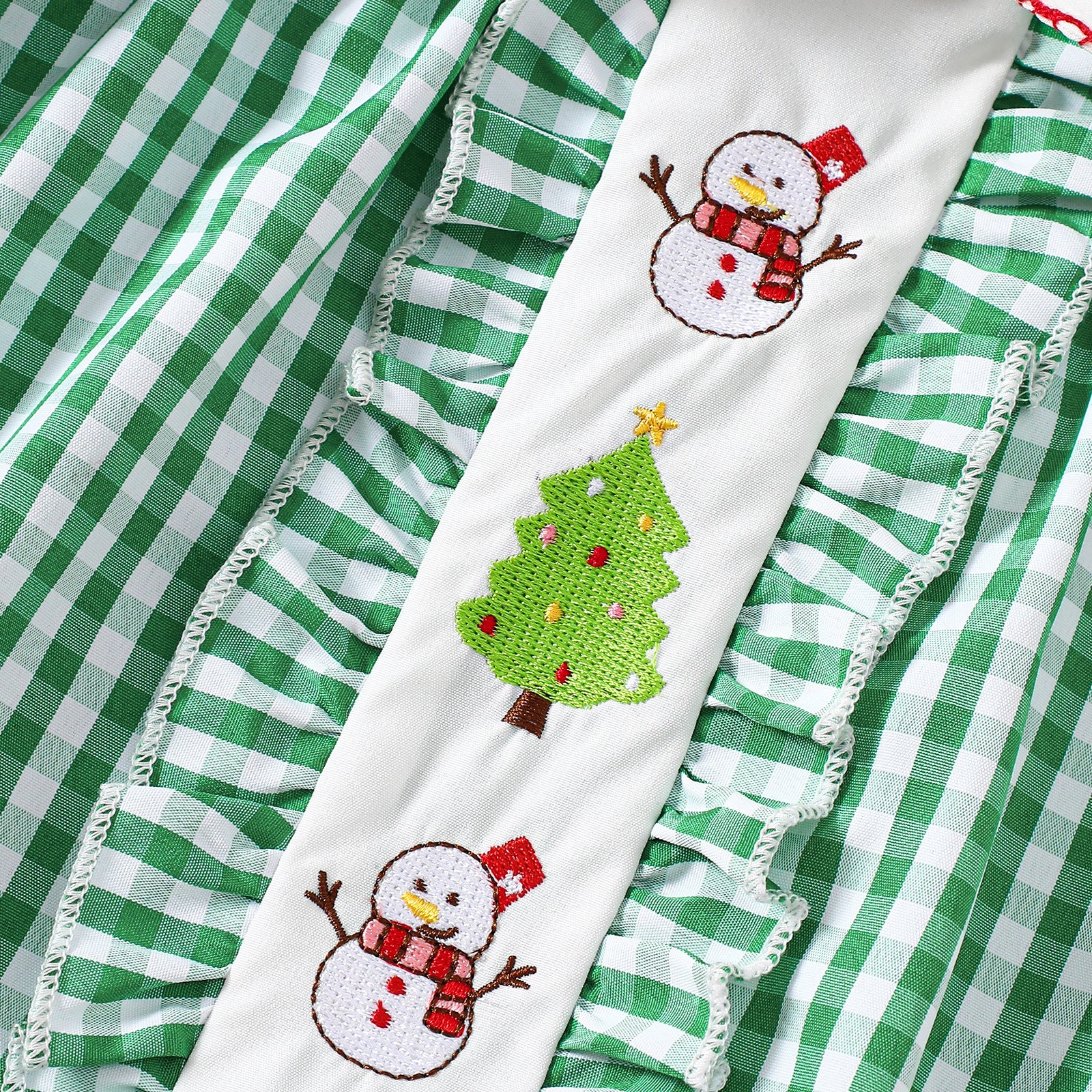 Christmas Girl's Outfit Green and White Plaid Christmas Tree Puff Sleeve Top Red Trimmed Shorts Two-Piece Set
