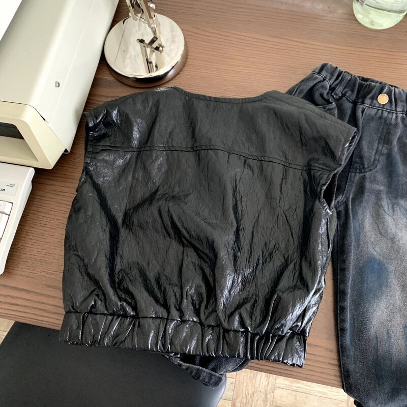 Boy's vest children's black leather jacket female baby