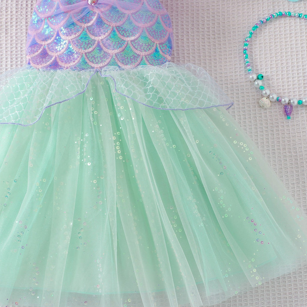 Charming Mermaid Princess Dress for Girls with Sparkly Sequins, Sheer Mesh, and Flutter Sleeve Design Summer Fashion for Kids