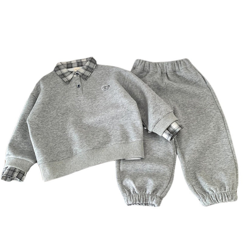Boys' autumn hoodie set children's checkered collar hoodie