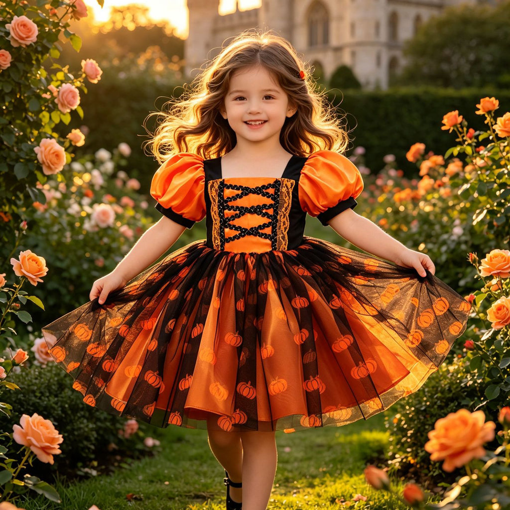 Halloween Cosplay Dress with Pumpkin Print, Lace Tie-Up Princess Dress for Festival Performances