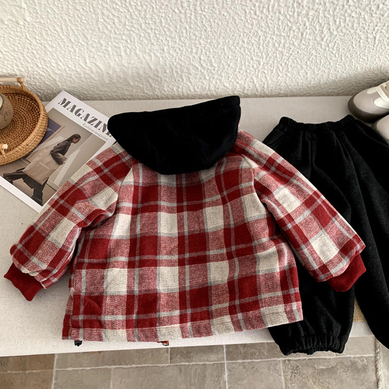Cotton lined hooded plaid coat