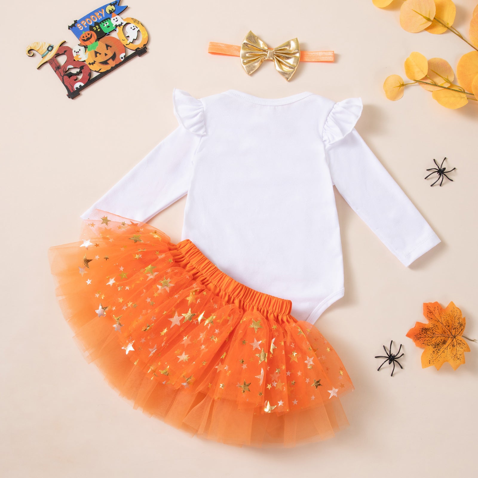 Cute Baby Halloween Costume Set with Pumpkin Witch Print Romper, Orange Tutu Style