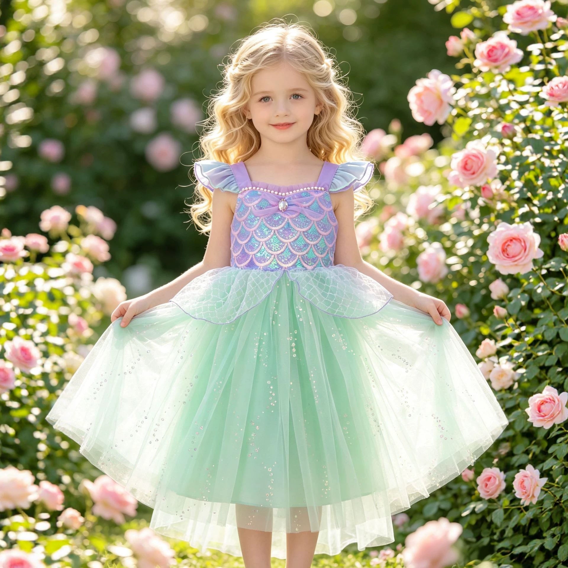Girls' Sleeveless Mesh Dress with Sequins, Sweet Summer Princess Dress for Kids