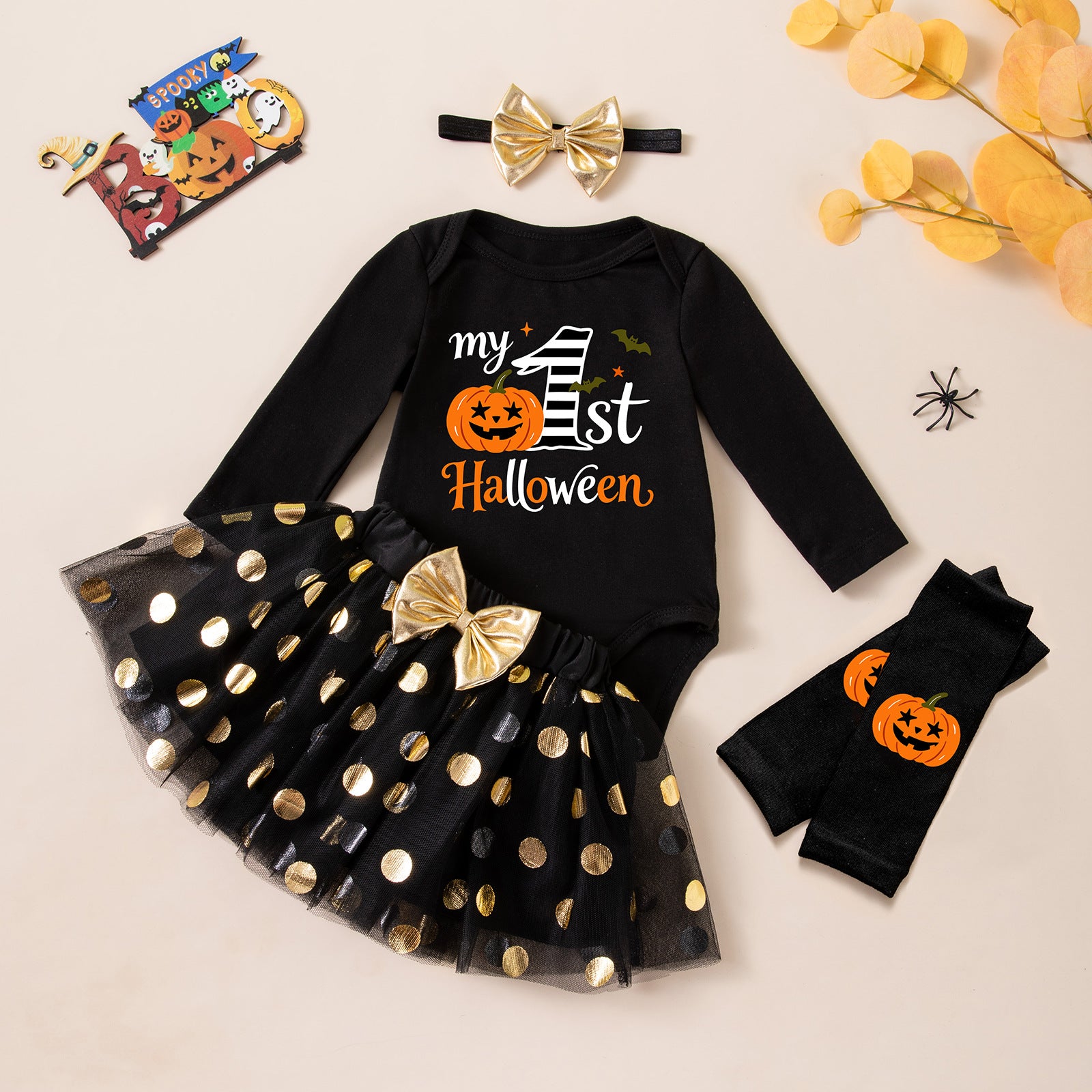 Cute Baby Halloween Long Sleeve Bodysuit with Gold Polka Dot Mesh Skirt, Headband, Pumpkin Socks Set - 4-Piece Outfit