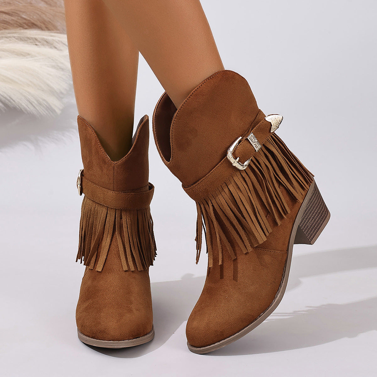 Botines Western con Flecos, Hebilla y Tacón Grueso – Mujer
