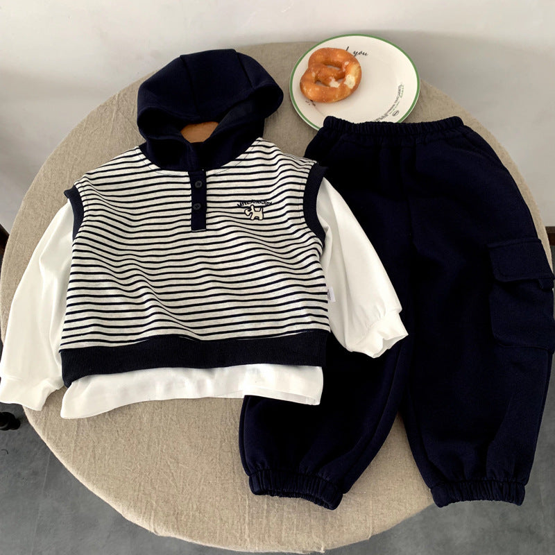 Children's knitted vest three piece set baby autumn striped clothes
