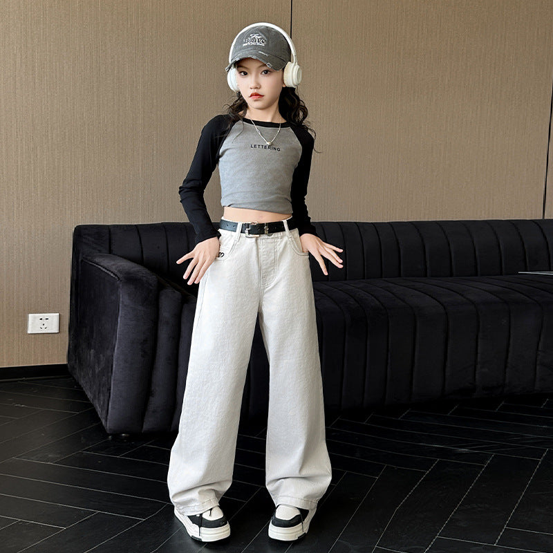 Girls White Wide-Leg Pants Straight Trousers Casual Pants for Big Kids