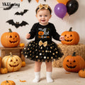 Cute Baby Halloween Long Sleeve Bodysuit with Gold Polka Dot Mesh Skirt, Headband, Pumpkin Socks Set - 4-Piece Outfit