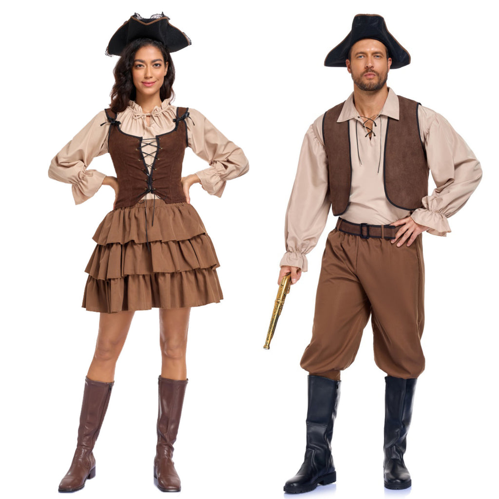 Halloween Vintage Caribbean Pirate Jack Sparrow Cosplay Costume Couple Stage Performance Outfit Set