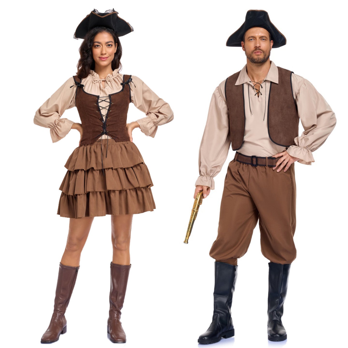 Halloween Vintage Caribbean Pirate Jack Sparrow Cosplay Costume Couple Stage Performance Outfit Set