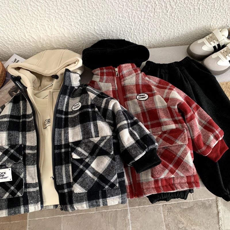 Cotton lined hooded plaid coat