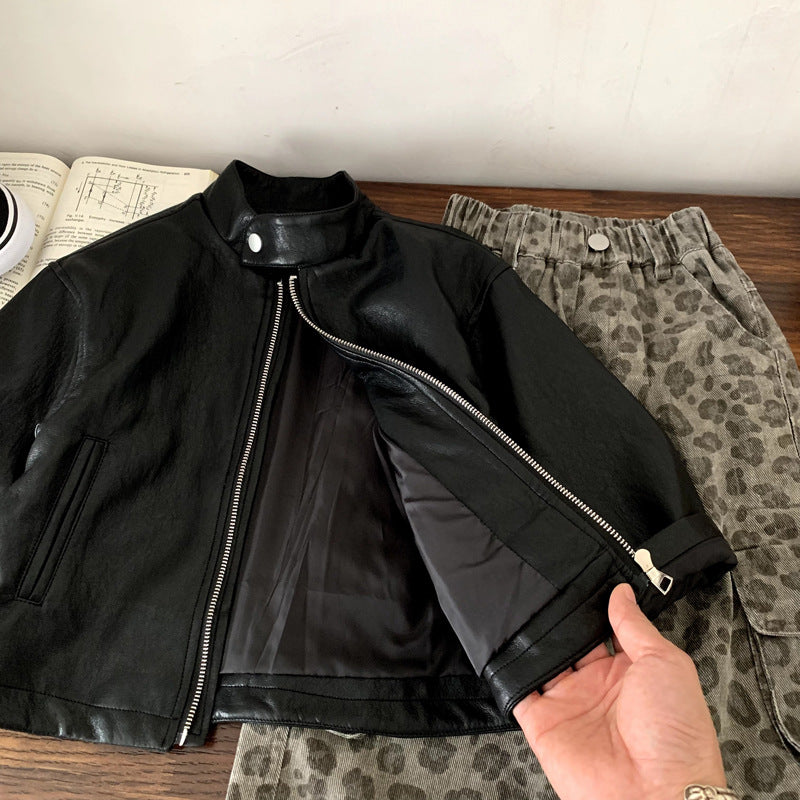 Children's leather jacket motorcycle solid color splicing