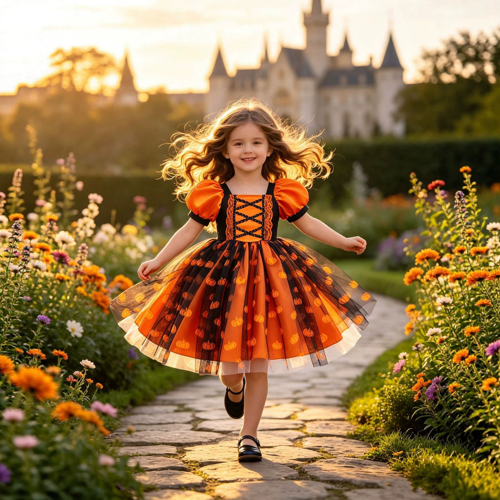 Halloween Cosplay Dress with Pumpkin Print, Lace Tie-Up Princess Dress for Festival Performances
