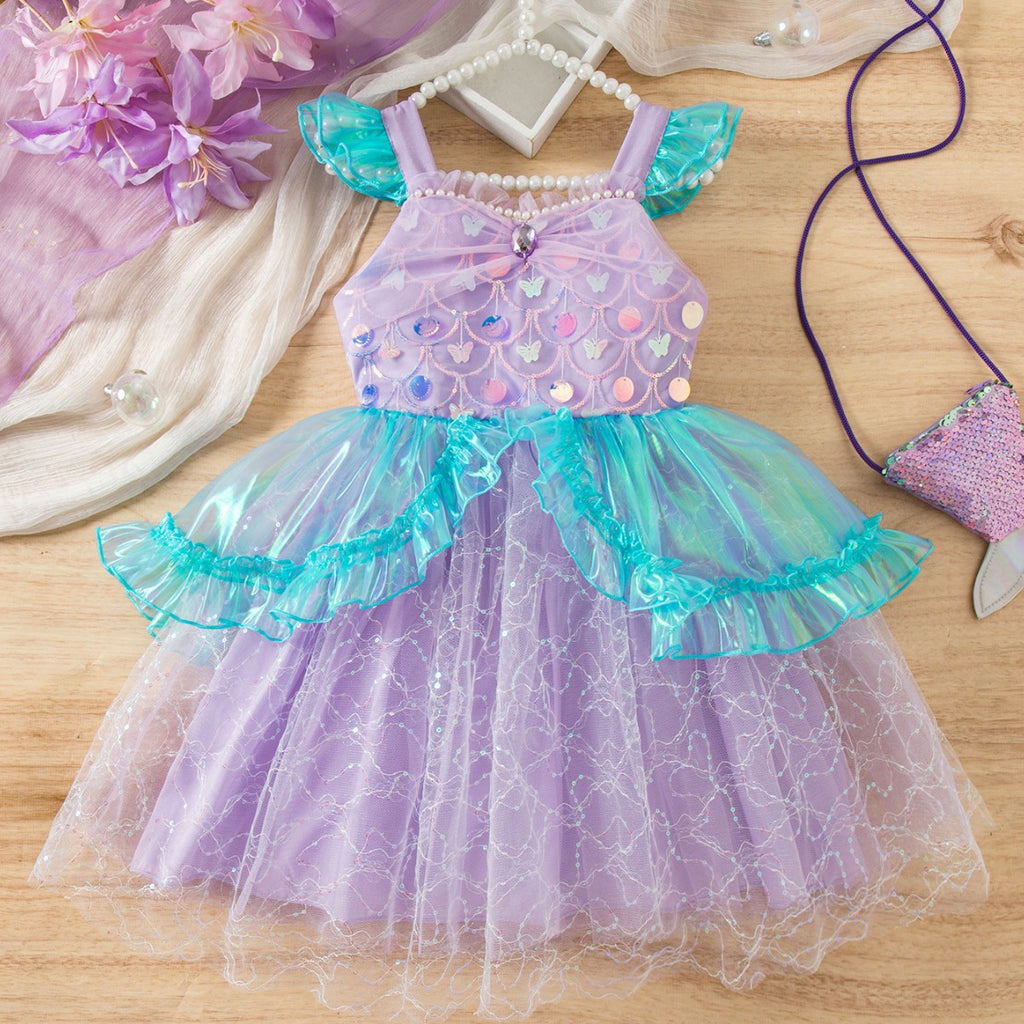 Mermaid Princess Dress with Flutter Sleeves, Sequin Tutu Skirt for Kids, Performance Costume, Birthday Party Dress