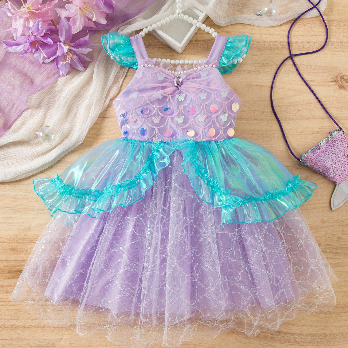 Mermaid Princess Dress with Flutter Sleeves, Sequin Tutu Skirt for Kids, Performance Costume, Birthday Party Dress