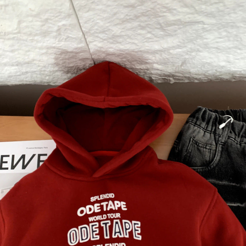 Children's red plush thick hoodie