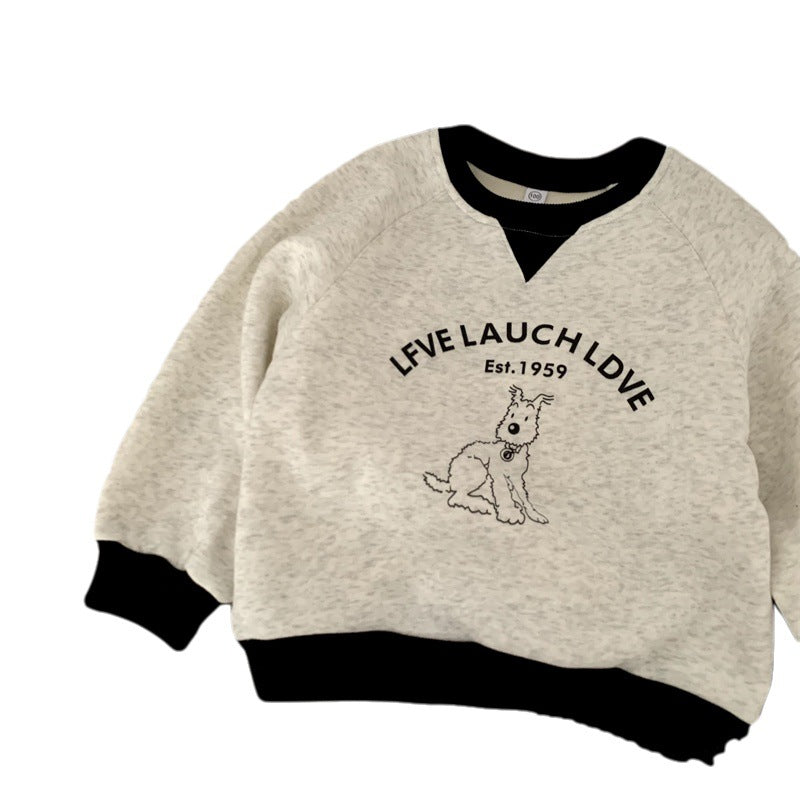 Baby girl round neck cartoon one-piece plush thick pullover top with plush hoodie