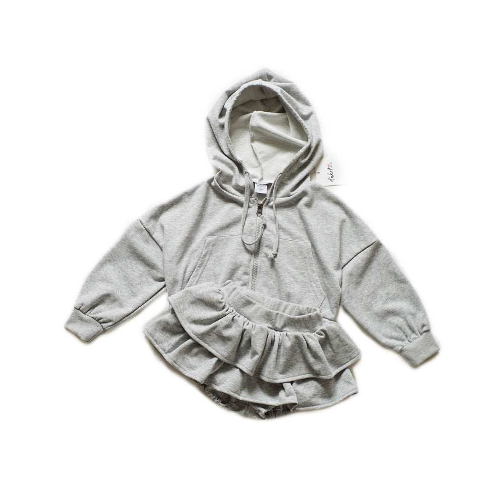 Girls' Dress Set with Hooded Sweatshirt, Puff Pumpkin Skirt Pants, Terry Cloth Shorts Dress