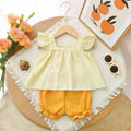 Baby Summer Clothes Bee Embroidery Shorts Set, Infant Square Neck Doll Shirt with Ruffle Pants Two-Piece Set