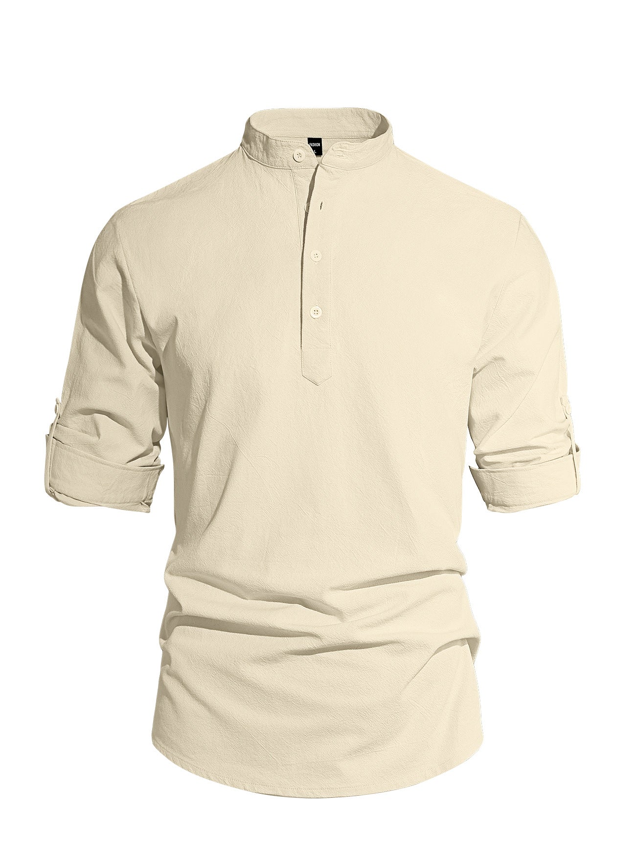 Men's Cotton Linen Henley Collar Solid Color Lightweight Long Sleeve Button-Down Shirt