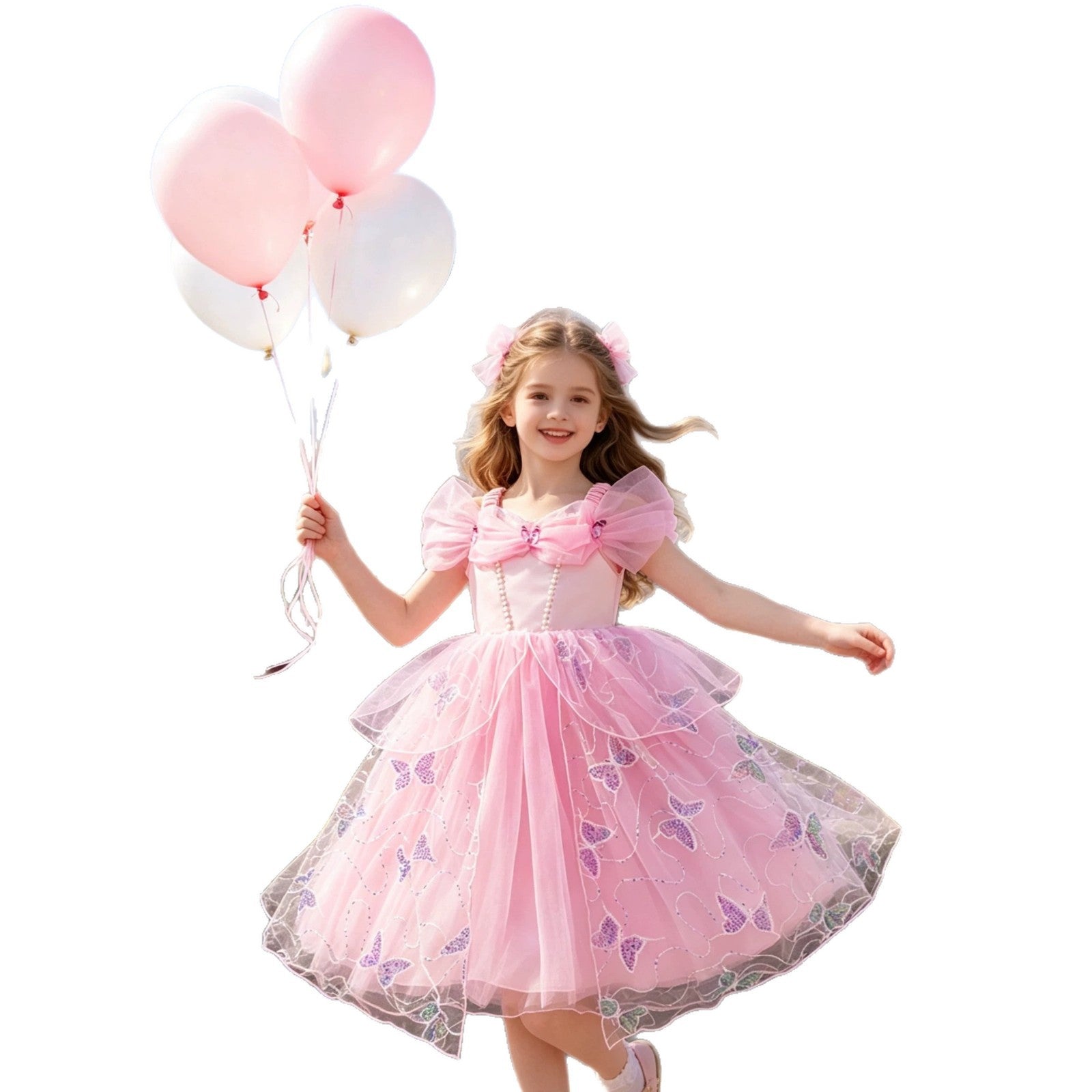 Fashionable Pink Butterfly Princess Dress for Girls, Summer Chiffon Puff Skirt, Party and Birthday Dress
