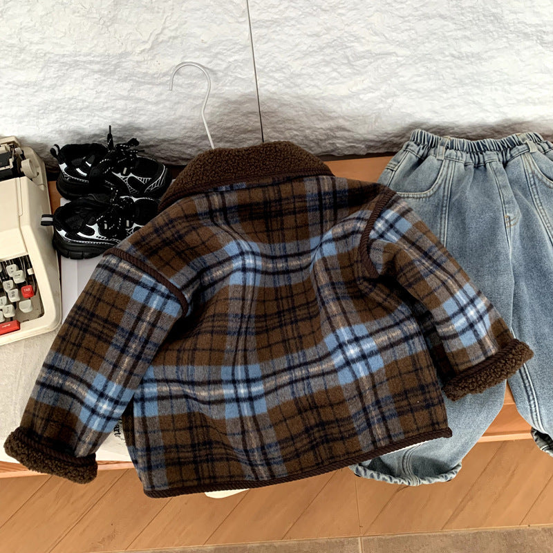 Boys' woolen plaid jacket with thickened fleece for autumn and winter