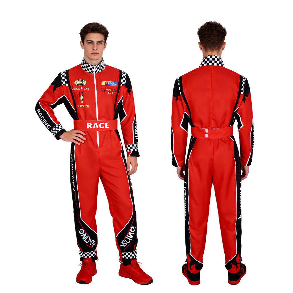 Printed Racer Full Suit Overalls Racing Suit Red and Black Contrast Motorcycle Suit Festival Party Performance Costume