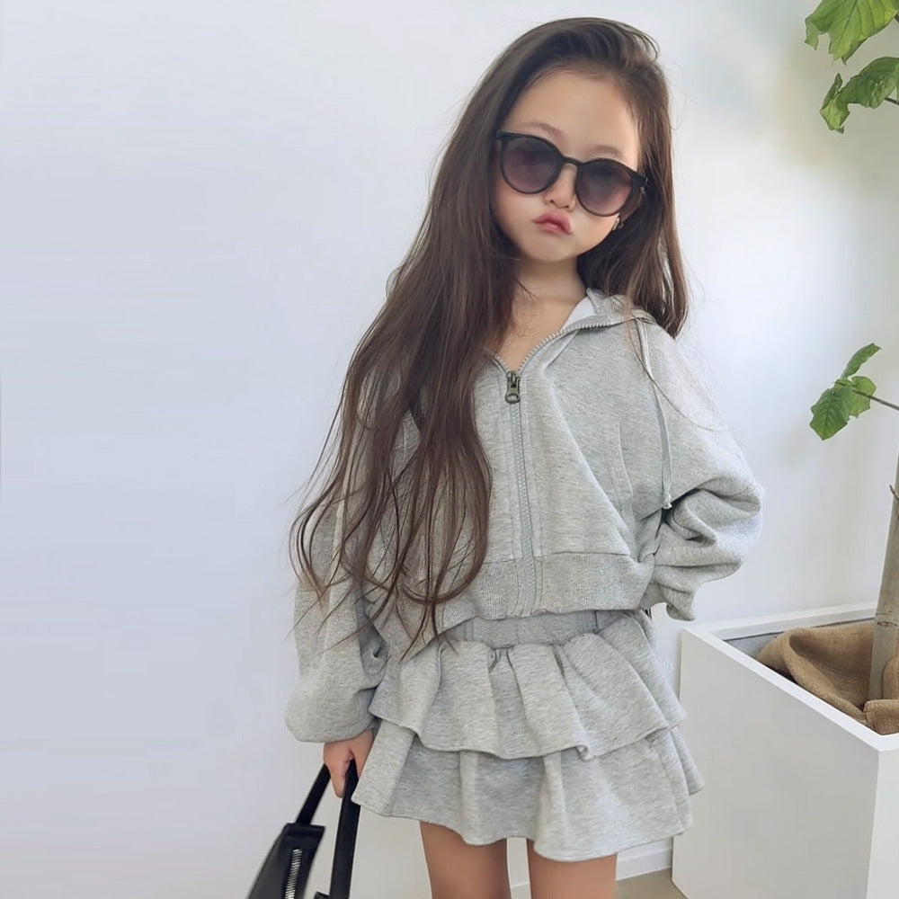 Girls' Dress Set with Hooded Sweatshirt, Puff Pumpkin Skirt Pants, Terry Cloth Shorts Dress