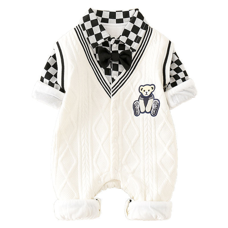 Double-Layer Romper, Baby Boy Outerwear Crawler Suit,  Fake Two-Piece Long Sleeve Bodysuit