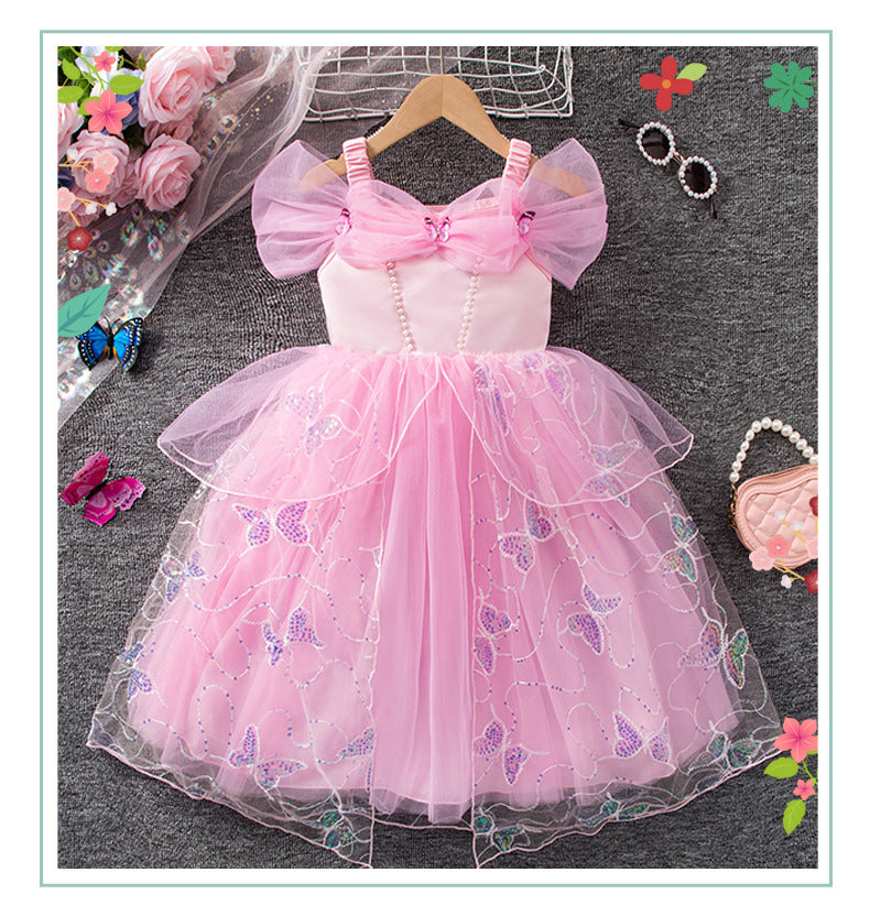 Fashionable Pink Butterfly Princess Dress for Girls, Summer Chiffon Puff Skirt, Party and Birthday Dress