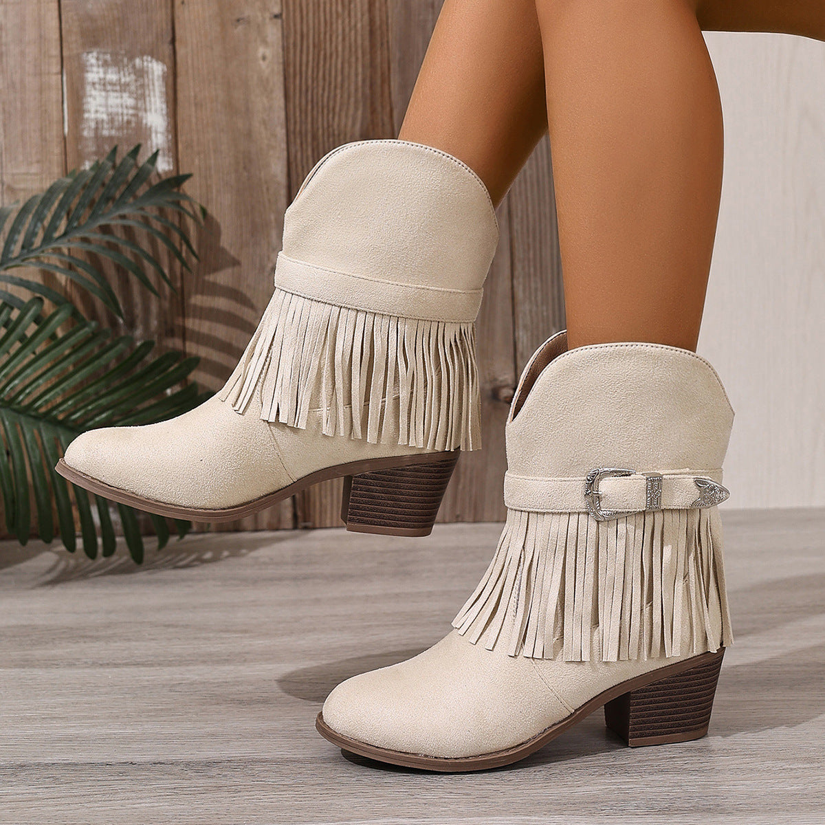 Botines Western con Flecos, Hebilla y Tacón Grueso – Mujer
