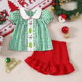 Christmas Girl's Outfit Green and White Plaid Christmas Tree Puff Sleeve Top Red Trimmed Shorts Two-Piece Set