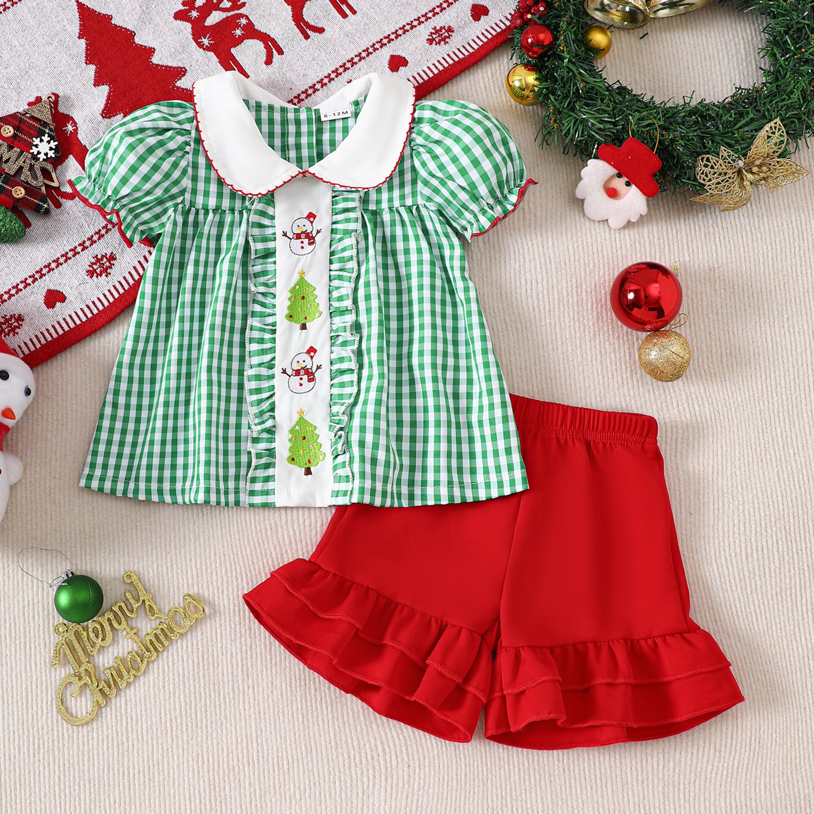 Christmas Girl's Outfit Green and White Plaid Christmas Tree Puff Sleeve Top Red Trimmed Shorts Two-Piece Set