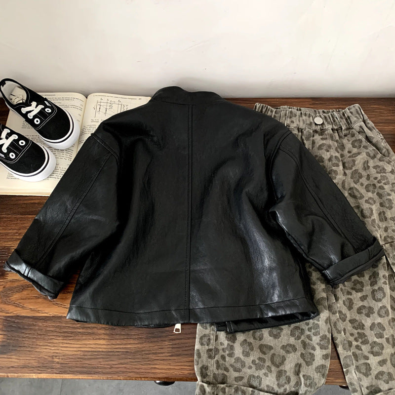 Children's leather jacket motorcycle solid color splicing