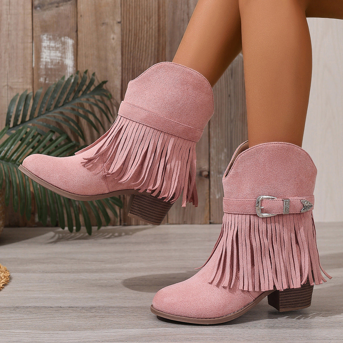 Botines Western con Flecos, Hebilla y Tacón Grueso – Mujer
