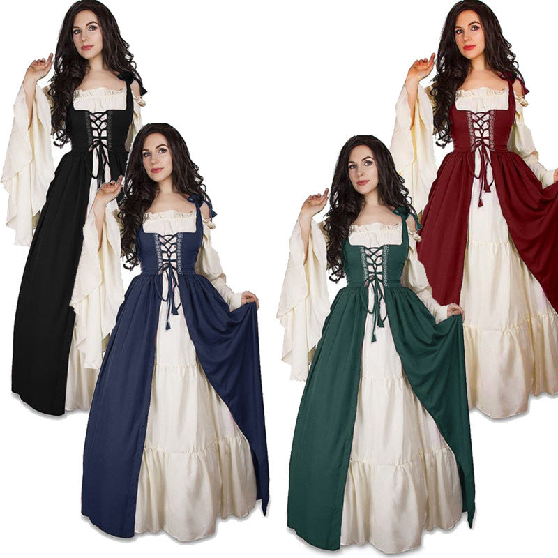 Renaissance Medieval Vintage Court Dress with Tie-Up Corset, Stage Performance Costume